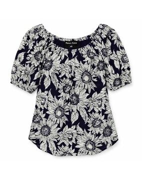 Karen Kane Sunflower Floral Peasant Blouse Scoop Neck Black Cream XS NWT